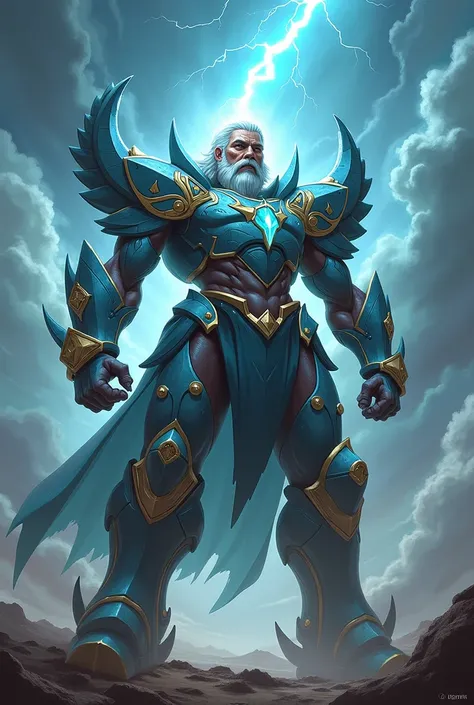  Make an image for the cult character : Kaelthar The Oracle of the Storm male male 

Class : Elementalist 

Legendary :  type 

Faction :  cult of the skies 

For League Of Legends Paladin Megazord armor 