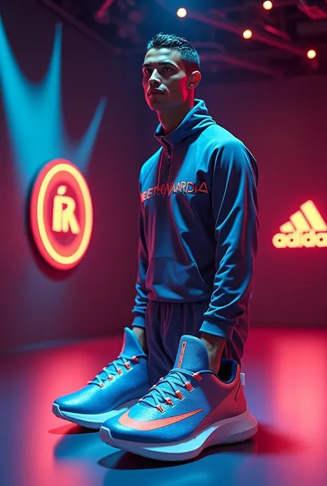 "Create a vibrant and dynamic scene featuring Cristiano Ronaldo showcasing a brand-new pair of sleek, futuristic sports shoes. Ronaldo, dressed in a stylish, modern sports outfit, is standing confidently in a luxurious setting, such as a high-tech showroom...