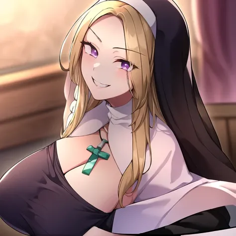 (masterpiece:1.2, best quality:1.2), 1 girl , solo, nun, showing forehead, purple eyes , The green ✝️-necklace, Evil smile, White gloves, breast, white stockings