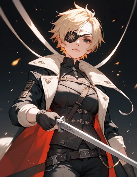  sister model , fantasy, light yellow,Short hair, in black eyes, eyes patch,Black sleeved coat , black undershirt,Fierce face, Trousers, wear gloves, with a bandage on the long sleeves