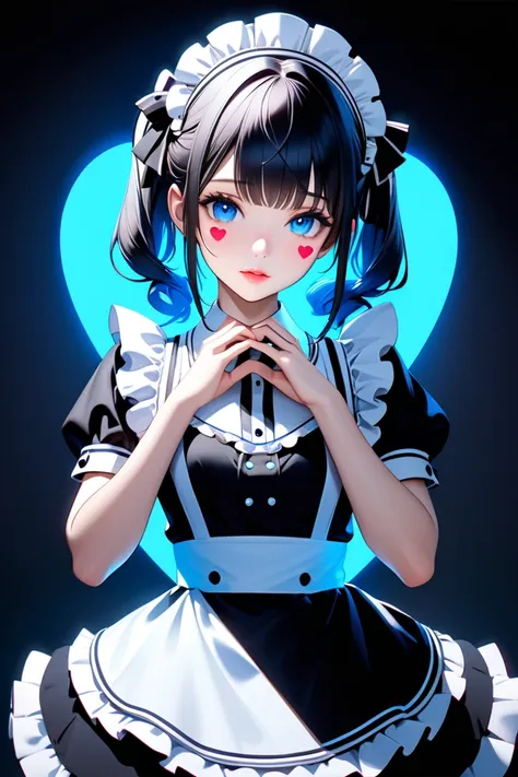 Ultra-high-definition 3DCG art、 A Maid with a Single Silhouette Makes Heart Marks with Both Hands 、 The Maid Has Blue Twintail Hairstyle 、 Detailed Beautiful Clear Blue Eyes and Glossy Lips 、 Her Eyes Glow in Clear Blue 、 Detailed White Moisturizing Real S...