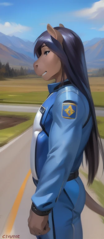   alone  ,  Girl ,  standing on the side of the road  , hippo,   Blue Military Spacesuit, Heavy load  ,  Silent muscles  , Beautiful blue long hair.by chunie  