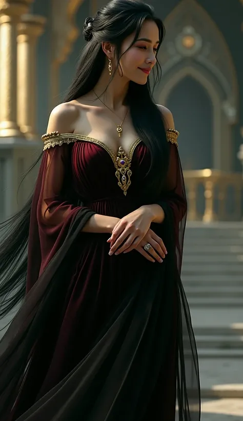 Ai beautiful goddess woman with long black hair half tied in Burgundy color Asguardian beautiful dress smiling softly show full body profile wearing golden heels, Asgard background 