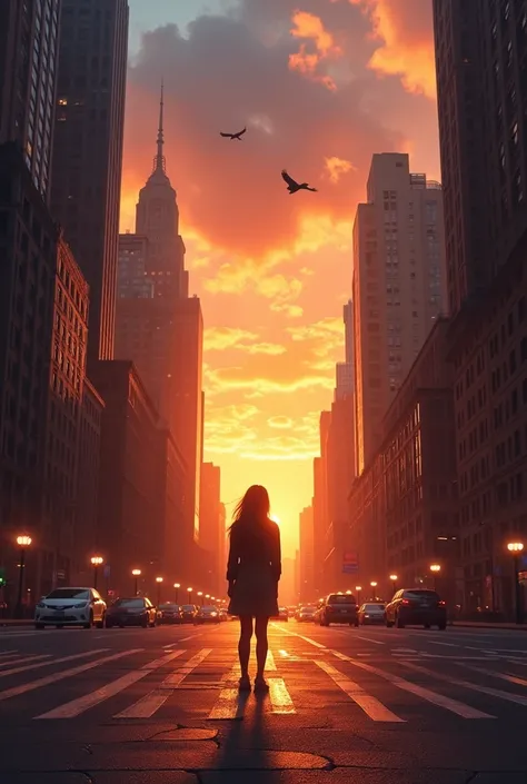  create a picture for me in New York where there is a sunset and a girl is standing in the middle. She looks up and there is a tab flying in the sky .  The picture should be farther away and not so small 