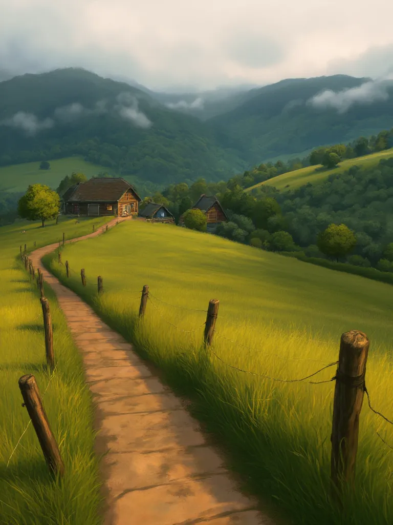 image is a digital illustration depicting a serene rural landscape. the layout is vertical, showcasing a winding dirt path leadi...