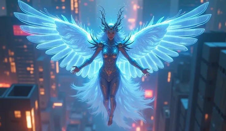 13. Neon Valkyrie Queen
Wearing iridescent, translucent armor with a glowing crown-like helmet. She glides above the city using energy wings, a trail of blue sparks following her movements.
