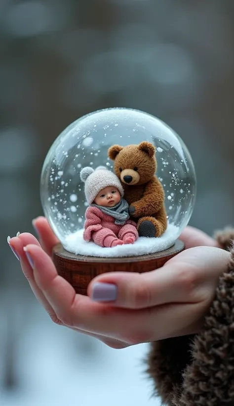 A bear and very small baby inside the snow globe in a womans hand creates realistic Christmas images