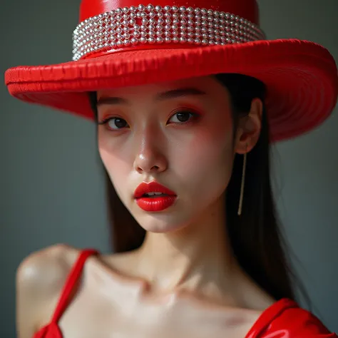 sexy erotica, (large cleavage,Big tits),(1 girl,korea face sexy 18 year old girl , pale skin, (body heigth:140cm), innocent look, Young face, Runway + Full-body shot of an Korea supermodel wearing a Red hat, made from shiny plastic and silver beads, in the...