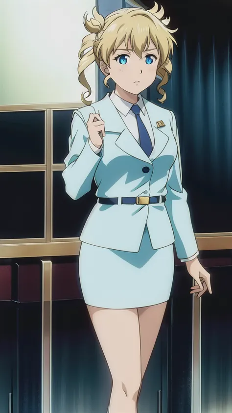 blonde、 twin tails、 blue eyes、恐怖で悲しface、、 full body style 、normal milk、 narrow waist 、bare legs、in uniform、 blue jacket , collar...