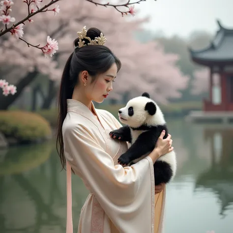 ((Photo of a Asian woman in traditional Chinese clothing holding an adorable baby girl in one arm AND a cute baby Panda bear in the other arm)), (temple grounds and sakura background setting), face, half body, body, high detailed skin, skin pores, overcast...