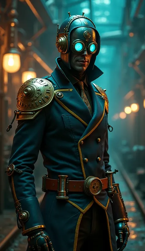 "Inspired by the aesthetics of Dishonored, a cinematic shot of a steampunk warrior assassin whose mechanical brass and copper prosthetic arms are 50% longer than normal human proportions, adorned with intricate clockwork gears and whale blubber-powered hyd...