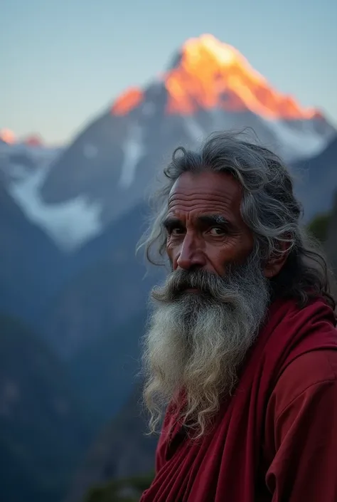 un homme sadhu médite, de lencens est allumé  derrière lui on peut apercevoir les montagnes de lHimalaya on le voit de face , photo réaliste