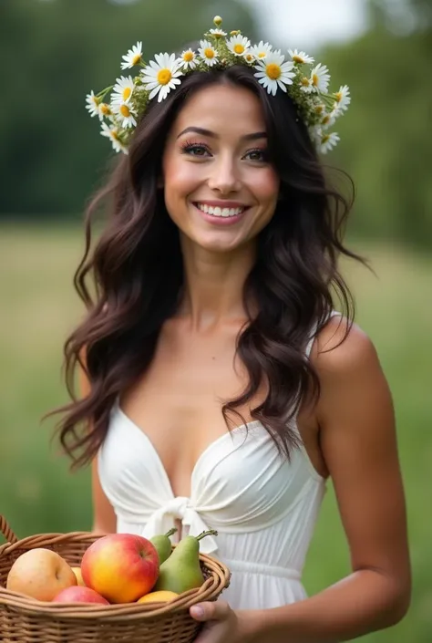 create a real image with vibrant colors. woman 40 years old, big black eyes, long wavy dark brown hair, Round face, small mouth, smile cute, White strapless dress with a knot on the chest, midi size, a crown of wildflowers and daisies in her hair, Garden, ...