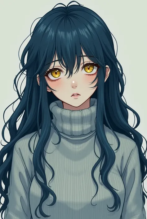 Create a female with long wavy dark blue hair, wearing a knit sweater, bright yellow eye color, manga like art, with tired eyes, plain and dry face. Pfp. 