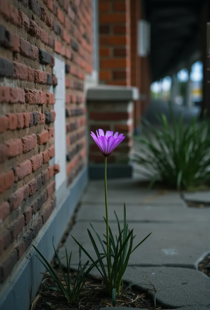 ((masterpiece)) ((photography)) ((Highest quality)) A small purple flower quietly blooming on an old train station platform.