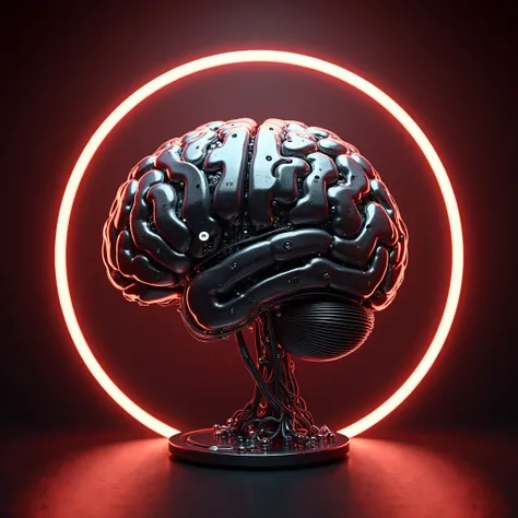  Generate an image of a steel brain , with a bright light around .  Dark red gradient background. 