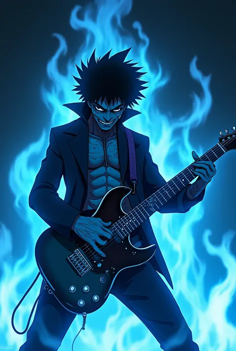 Dabi from My Hero academia playing electric guitar surrounded by blue flames