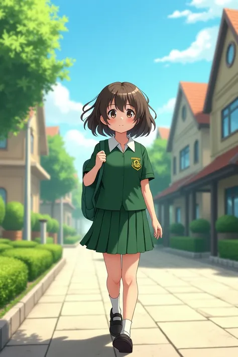 A girl with a curly hair wearing a green uniform and bag and walking to school