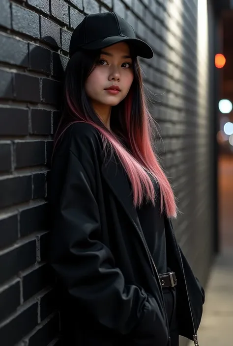 (photorealism:1.2),(realismphoto:1.2) 
a beautiful korean woman chubby looking at the camera with long straight black mixed pink hairstyle. wearing a black t-shirt and black jacket, black pants, wearing a snapback hat, leaning against a black brick wall. n...