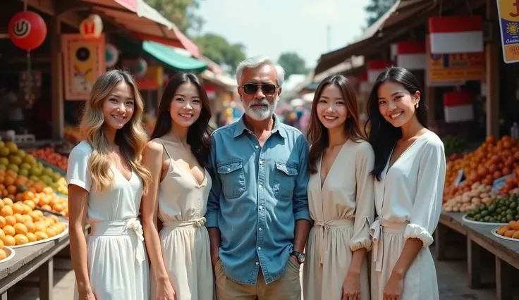 Create an image set in a bustling traditional market on a sunny day, with vibrant market stalls in the background. Place one older man with silver-gray hair wearing a denim shirt and dark sunglasses in the center. Surround him with four beautiful women, tw...