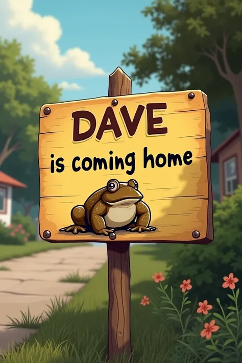 A sign of Gary is coming home but that says Dave is coming home and has an image of a brown toad 