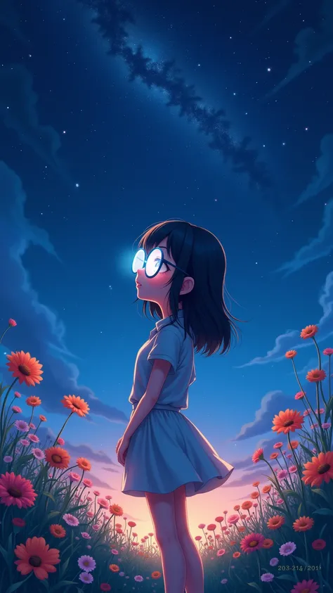 close-up,  Anime  wearing white glass ,  standing on the ground ,Night view , There are many stars in the night sky , Milky Way  ,Colorful flowers,Headshot close-up, oil painting style,  Very obvious oil brush touch,  Impressionist palette style , 32k ultr...