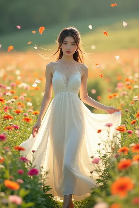 Korean girl in white dress standing in a field of flowers. She is wearing white dress, bare shoulder. She is looking at the camera and dancing elegantly. The sun light revealing her beauty. beautiful asian girl, girl frontal in a flower field.