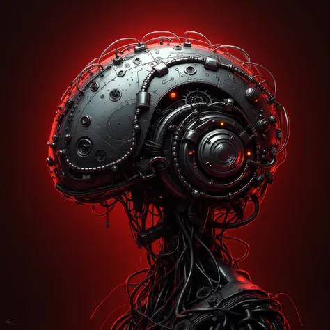  Generate an image of a steel brain .  Dark red gradient background.