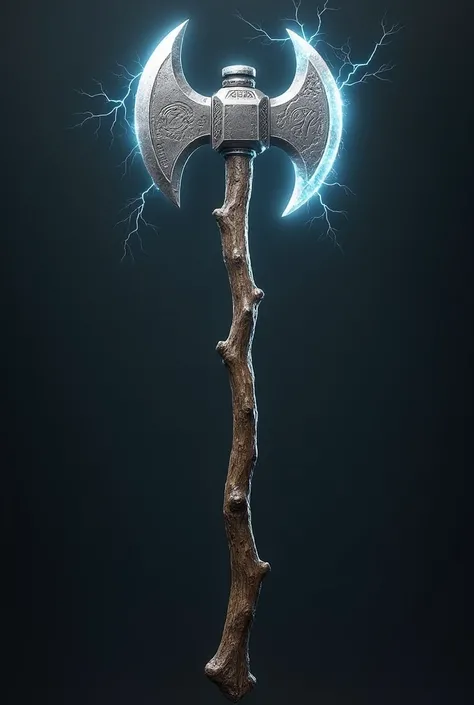 Stormbreaker is an imposing weapon with a mystical and powerful aesthetic. It features a broad, sharp axe blade, with a rugged metallic look, almost glowing as if it radiates its own light. On the opposite side, there is a massive hammerhead, flat and equa...