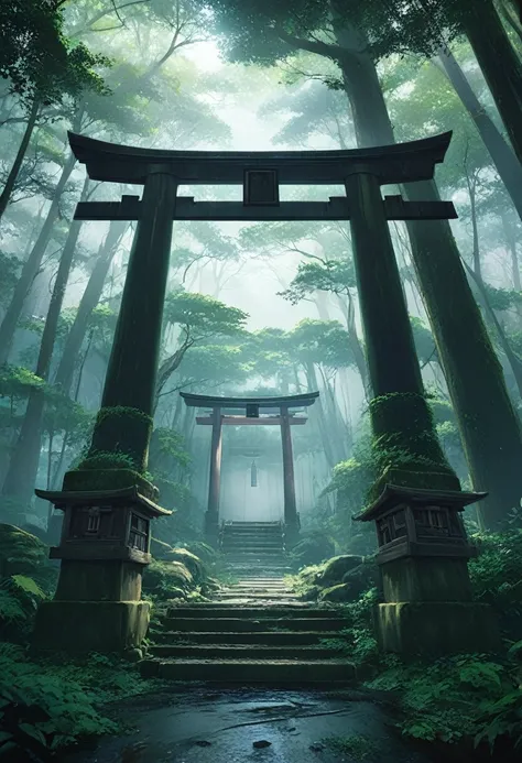 a deep forest, abandoned torii, no people, mist, dramatic lighting, moody, cinematic, fantasy, intricate details, high quality, 8k, photorealistic, detailed environment, mood lighting, volumetric lighting, dramatic clouds, lush foliage, ancient trees, myst...