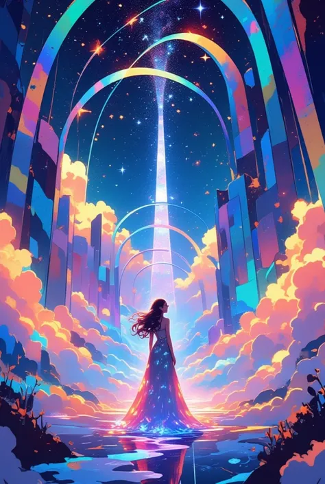 Under a star-studded night sky, a rainbow-colored bridge stretches straight toward the sky above a sea of ​​clouds. At the center of the bridge, a woman in an ethereal, sparkling gown stands poised, her hair flowing like a silken waterfall. The stars twink...