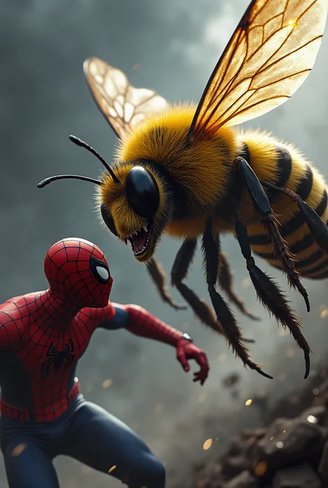 Create an image of a furious confrontation between a giant, detailed [madhumakkhi] (honeybee) and Spider-Man. Both are depicted in an angry, intense pose, facing each other as if ready for battle. The honeybee is larger than life, with vibrant yellow and b...