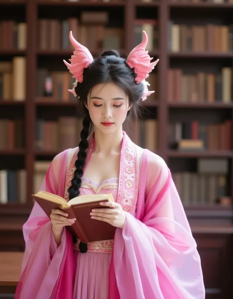 in the school of magic's library ， holding an ancient magic book in her hand ， a student in a pink dragon costume is immersing h...