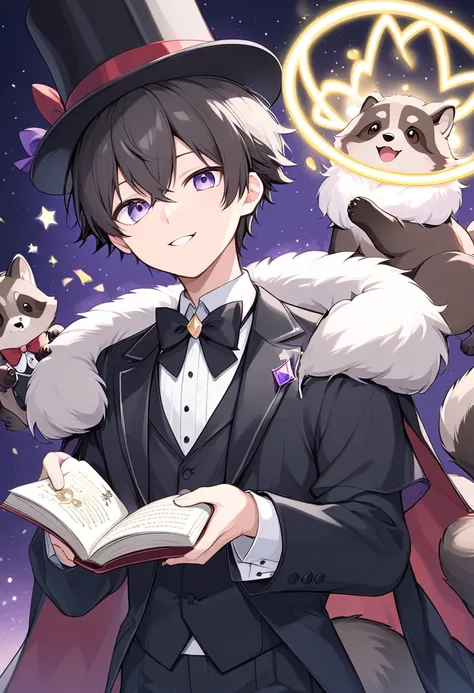  
 pale shade、Light line drawing、magician、The raccoon dog performs magic tricks、 wears a black tuxedo and hat、raccoon dog、 fluffy coat、cute,magic show background、dim