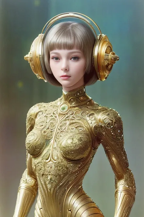 (masterpiece, high quality, intricate details, realistic:1.3), (whole body), (A girl in a gold metalic body), perfectly beauty face, short hair, Slim body、metropolis, 60s sci-fi movie 、 pastel colors、 Retrofuture, nsfw, high resolution film