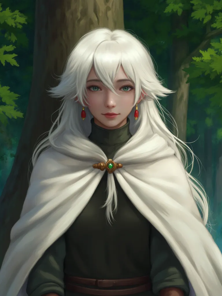 digital painting of a woman with long, flowing white hair. the character has fair skin and expressive green eyes, giving a seren...