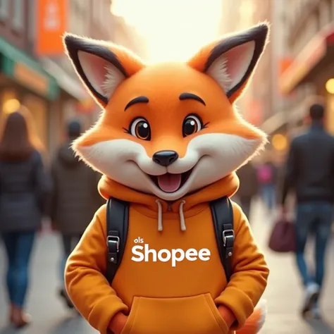  An adorable mascot in the shape of a stylized fox ,  with happy and charismatic expressions .  He wears a vibrant orange sweatshirt with the Shopee logo in the center , accompanied by a black backpack ,  symbolizing practicality and style .  The backgroun...