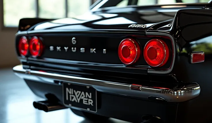 Create a 3d render (back bumper) review car design 1971 (Nissan Skyline Hakosuka GT-R) “(black) colour with a “(Nissan) ” logo on back. “” on its  back end look. and. Headlights“in pure glossy black with ultra detailed glossy shining image captured from  (...