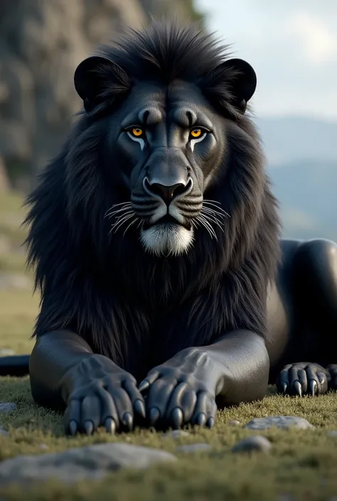 a black lion lying on the background