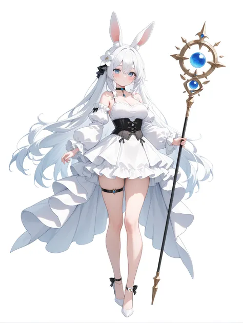 1girl, animal ears, solo, long hair, blue eyes, holding, staff, white hair, high heels, rabbit ears, white background, holding staff, dress, hair ornament, full body, breasts, simple background, hair flower, detached sleeves, thigh strap, choker, bare shou...