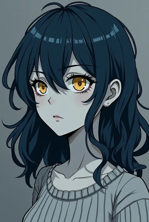 Create a female with long wavy dark blue hair, wearing a knit sweater, bright yellow eye color, manga like art, with tired eyes, plain and dry face. Pfp. Black and white filter. Small eyes. 