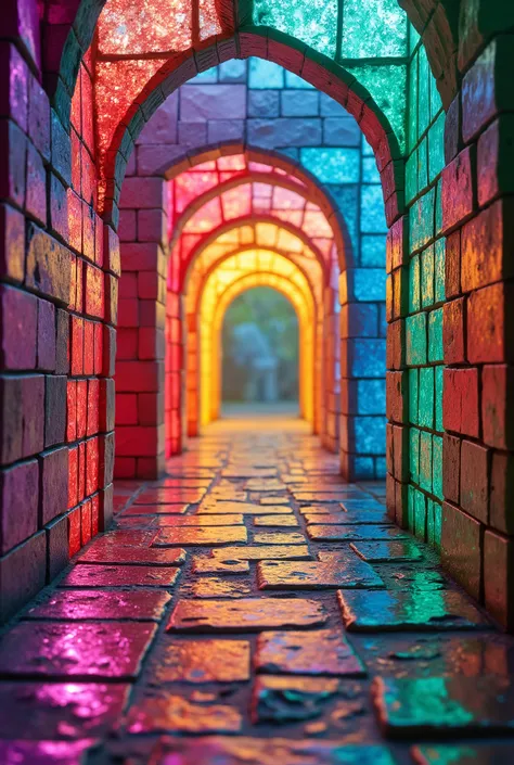 digital art, splash art, close-up shot of a bridge made from bricks, bricks made from glass, rainbow colors bricks, shining bricks, glistening bricks, vibrant color