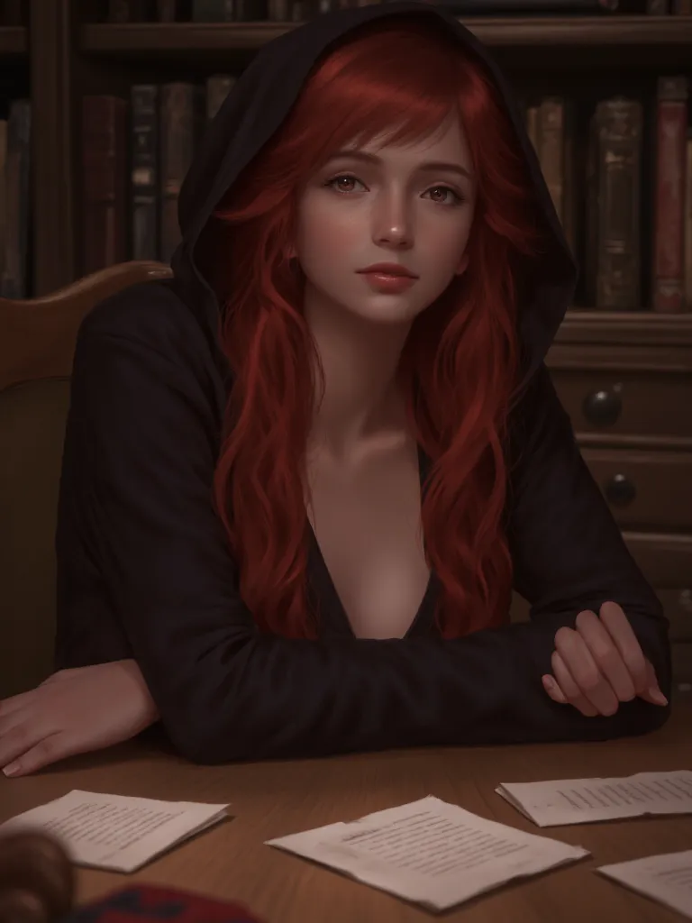 image is a digital illustration featuring a young woman with fair skin and long, wavy red hair, partially covered by a dark hood...