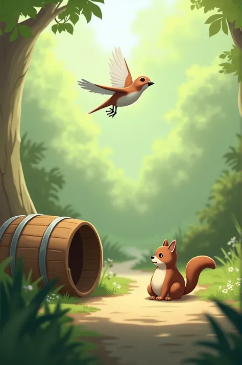 background
1 sparrow comes flying
front
Is a pretty weaselin sitting
next to an overturned rain barrel