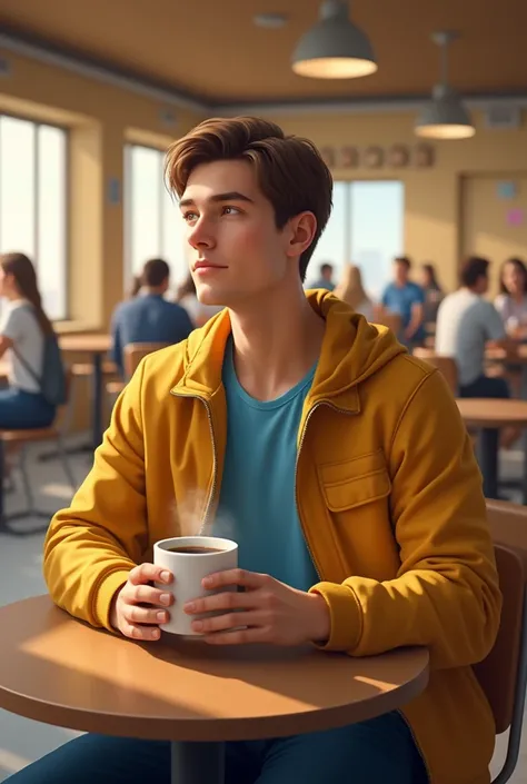 a young white man in a yellow jacket and blue t-shirt who is drinking coffee in a 
cafeteria (realistic)