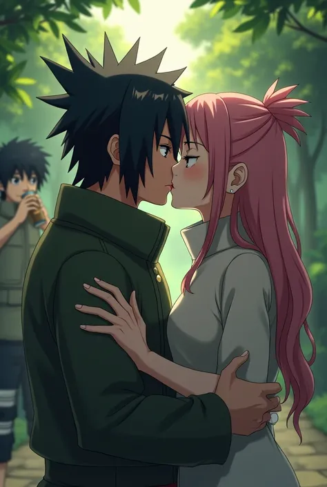 Create an image of Narutos rock Lee kissing Sakura and Sasuke in the back drinking beer and crying 