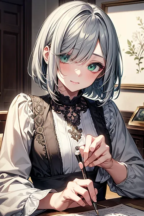 {masterpiece},{ best quality},{1 }, cute, wonderful,  beautiful detailed eyes, Green Eyes,  medium bob hair , Blue-gray hair,Cat hair、Hiding one eye、 Has Bangs Hiding One Eye 、 detailed , depth of writing, highly detailed CG ,original,  Very Detailed Wallp...