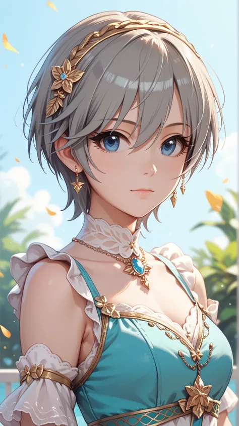 masterpiece,  best quality,  high definition ,  1 girl , Alone, Anastasia ( idolmaster),  idolmaster cinderella girls,  blue eyes,  Short Hair , Grey Hair,  B in a capella ,  COWBOY SHOOTING , ,  closed mouth ,  upper with t_body,