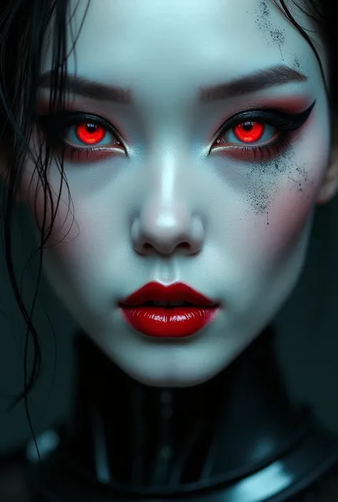 A close-up portrait of a futuristic geisha with a white, porcelain-like face. Her makeup is dark and dramatic, with red glowing eyes and black smoky eyeliner. Her lips are painted a glossy red, contrasting starkly against her pale skin. The image has a cyb...