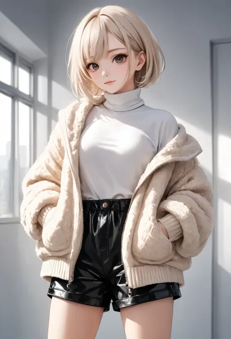 A trendy and cozy winter look that combines texture and structure effortlessly. The outfit features a fluffy, oversized beige teddy jacket layered over a cream turtleneck sweater for warmth and style. High-waisted black shorts add a sleek and minimal touch...